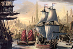 A city setting with ships at dock