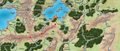 A traveling path over a map of mountains